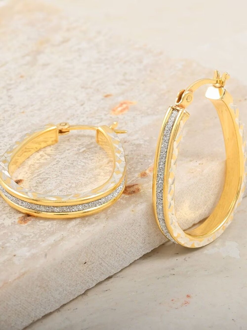 Glitter Hoop Earrings in 14K Yellow Gold Over Sterling Silver 2.50 Grams - NEW